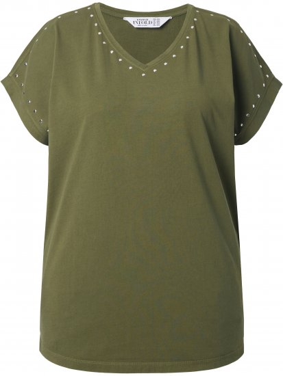 Ulla Popken Oversized studded Acid-washed V-Neck T-shirt Palm Green - Trička - 