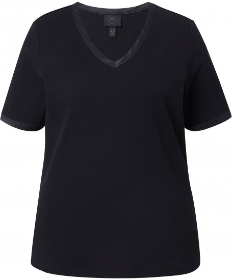 Ulla Popken Satin Trimmed Ribbed Jersey Short Sleeve T-Shirt Black - Trička - 