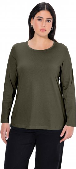 Ulla Popken Basic Round Neck Long Sleeve Slim Fit Cotton Tee Olive - Trička - 