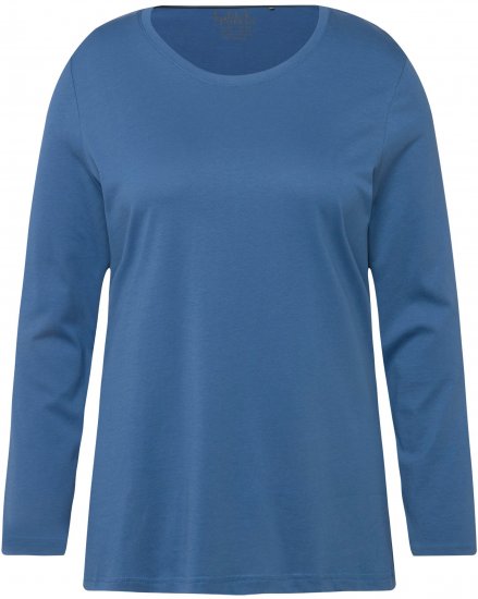Ulla Popken Basic Round Neck Long Sleeve Slim Fit Cotton Tee Blue Denim - Trička - 