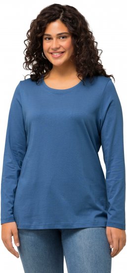 Ulla Popken Basic Round Neck Long Sleeve Slim Fit Cotton Tee Blue Denim - Trička - 