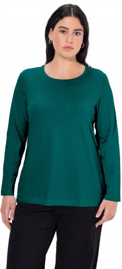 Ulla Popken Basic Round Neck Long Sleeve Slim Fit Cotton Tee Teal Green - Trička - 