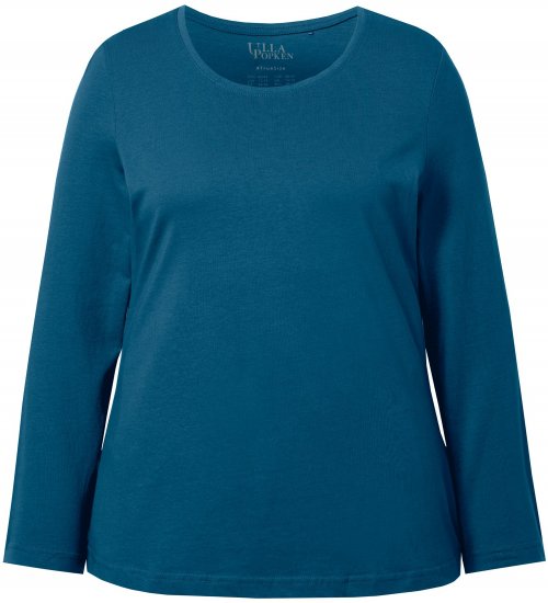 Ulla Popken Basic Round Neck Long Sleeve Slim Fit Cotton Tee Cerulean - Trička - 
