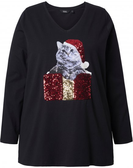 Ulla Popken Christmas Cat Long Sleeve Graphic Tee Black - Ulla Popken - 