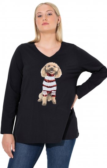 Ulla Popken Sequined Puppy Long Sleeve Graphic Tee Black - Potištěná trička pro ženy - 