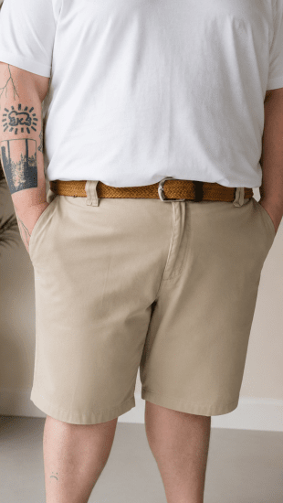 Kam Jeans 3402 Belted Dobby Weave Stretch Chino Shorts Beige - Šortky - Šortky Nadměrné Velikosti W40-W60